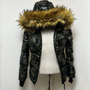 Sam’s S13 Women's Down Puffer Jacket with Faux Fur Trimmed Removable Hood Camo M